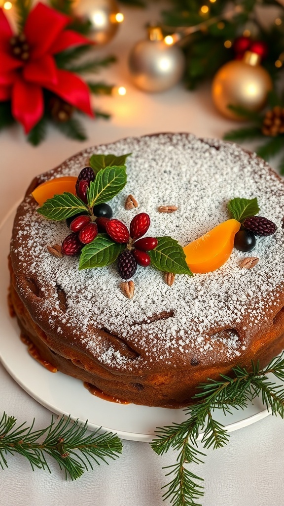 Simple Christmas Fruit Cake Recipe A festive Christmas fruit cake decorated with dried fruits and nuts, dusted with powdered sugar, on a holiday-themed table.